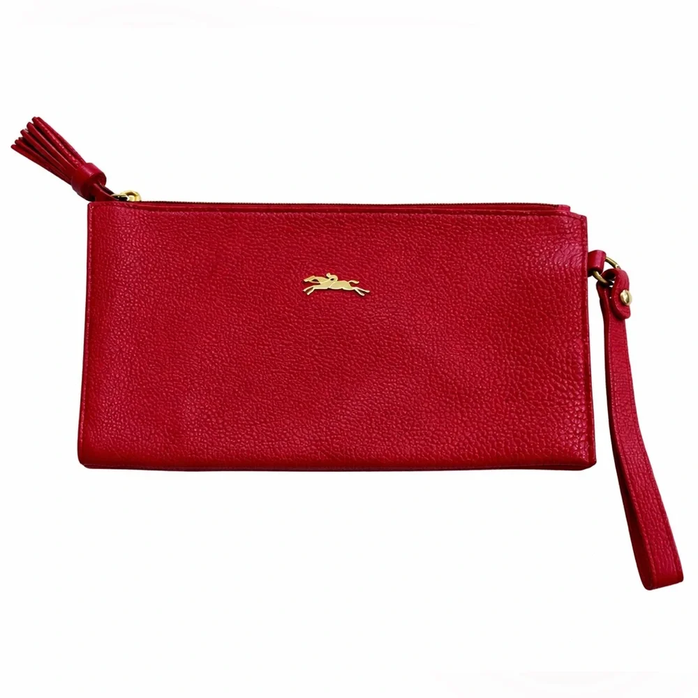 Longchamp Red Pebbled Leather Zip Wristlet Clutch Gold Logo - Picture 7 of 7